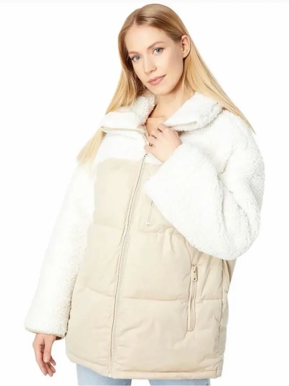 Avec Les Filles Two-Tone Sherpa Puffer Jacket in White and Cream